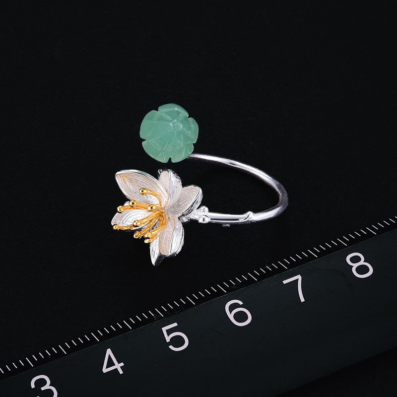 Lotus Fun Real 925 Sterling Silver Natural Aventurine Gemstones Flower Ring Fine Jewelry Lotus Whispers Rings for Women Bijoux