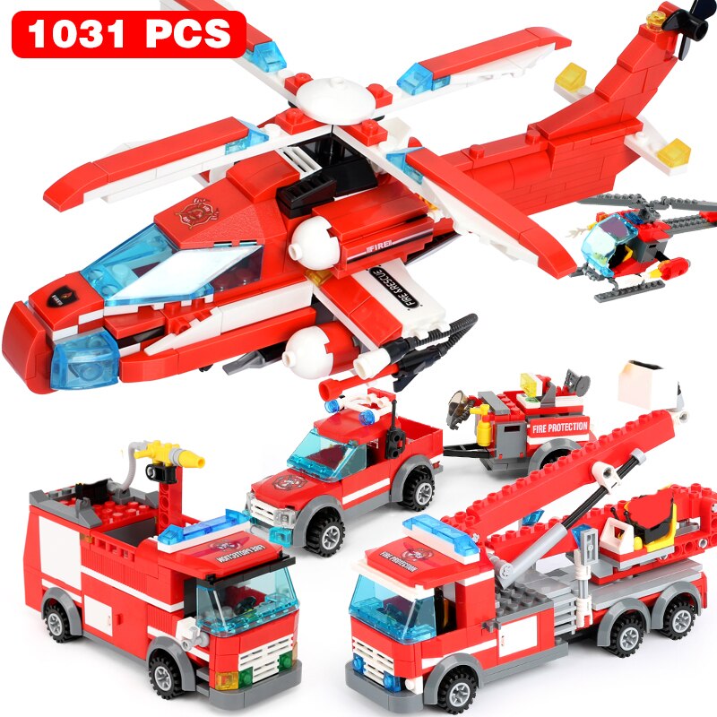 City Fire Station Building Blocks Mini Size Fire Engine Truck Blocks Firefighting Aircraft Helicopter Bricks Sets Toys For Kids