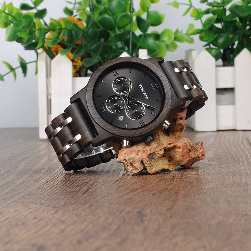 Reloj BOBO BIRD de madera para hombre, relojes cronógrafo de cuarzo con fecha de acero inoxidable, relojes de regalo de lujo para hombre, reloj masculino