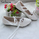 Sorbern Fashion White Wedding Shoes Kitten High Heels Women Pump Heels Patent Leather Lace Appliques Beaded Bridal Shoes 2018