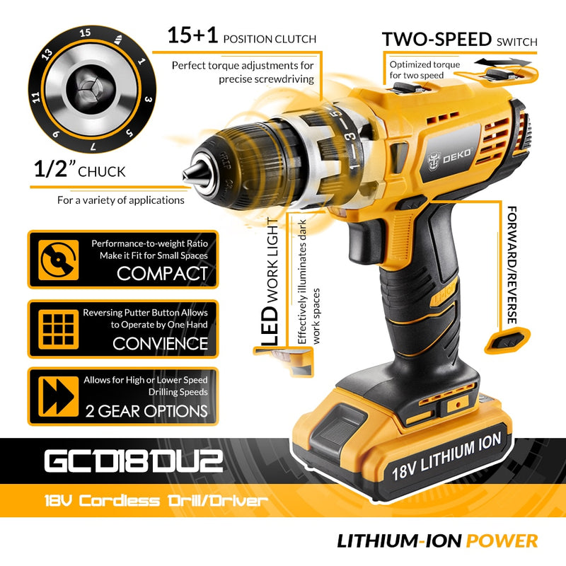 DEKO GCD18DU2 Electric Screwdriver Cordless Drill Wireless Power Driver 18-Volt DC Lithium-Ion Battery 1/2-Inch 2-Speed