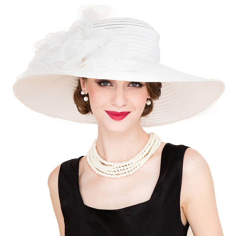 FS Black White Elegant Women Church Hats For Ladies Flowers Large Brim Organza Hat Beach Sun Kentucky Derby Hat Fedora