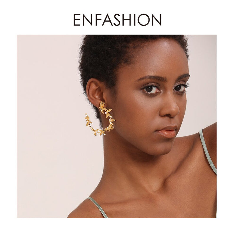 ENFASHION Olive Branch Leaf Hoop Earrings For Women Gold Color Statement Metal Flower Big Hoops Earings Fashion Jewelry EC191072