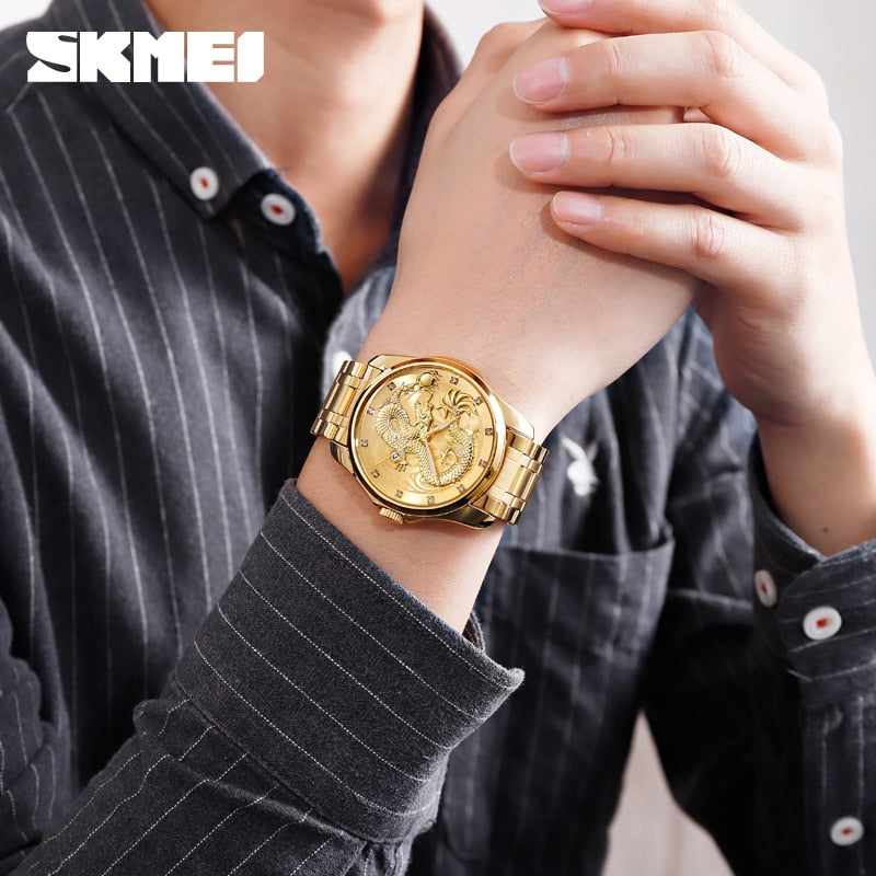 2020 SKMEI Luxury Chinese Dragon Pattern Men Golden Quartz Watch Male Watches Waterproof Wristwatches Relogio Masculino 9193