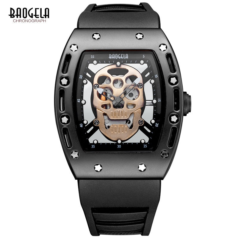 Baogela Fashion Mens Skeleton Skull Luminous Quartz Watches Military Style Black Silicone Rectangle Dial Armbanduhr für Man1612