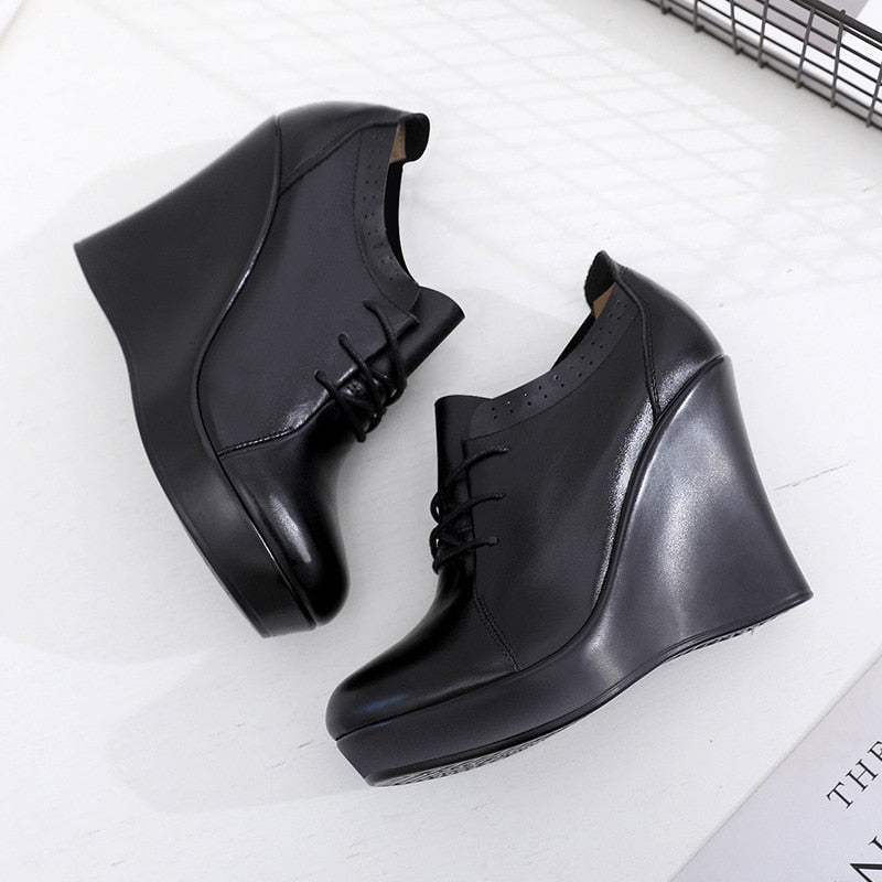 GKTINOO Lace Up Wedges Shoes for Women 2022 Autumn Platform Pumps Woman High Heels Black Office Shoes Ladies Plus Size 33-41