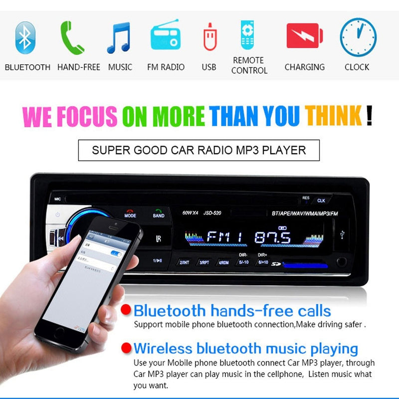 Podofo Car Radio Estéreo Reproductor Digital Bluetooth MP3 Player JSD-520 60Wx4 FM Audio Estéreo Música USB / SD con entrada AUX en el tablero