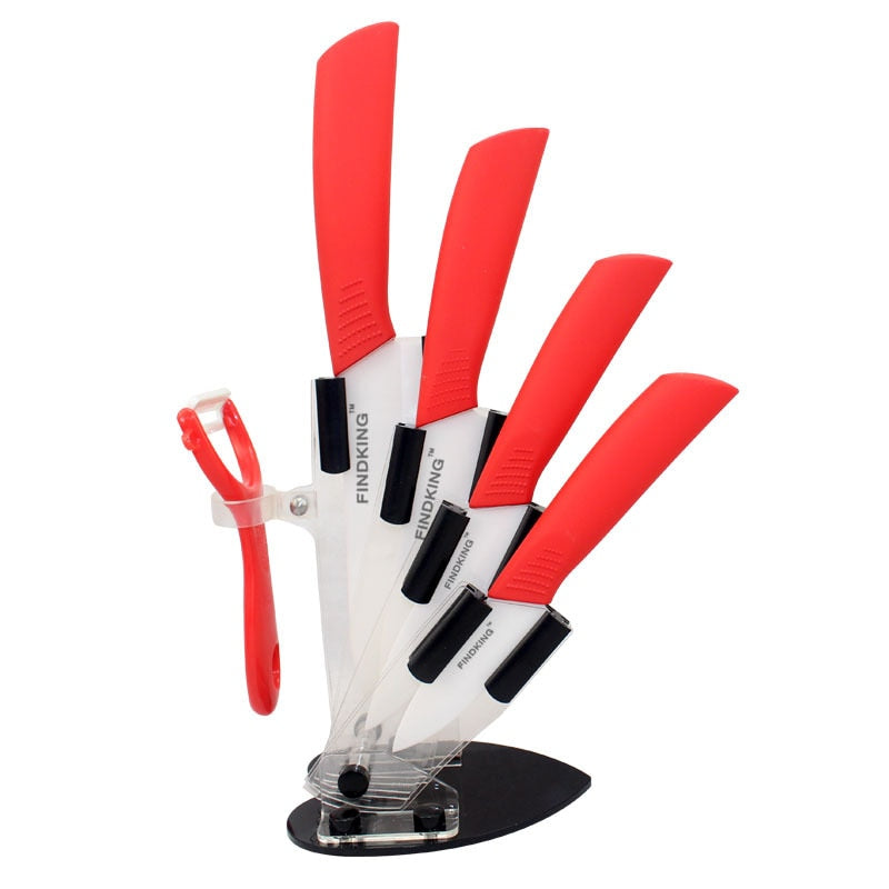 FINDKING Qualitäts-Küchenmesser-Keramik-Messerset 7,6 cm, 10,2 cm, 12,7 cm, 6 Zoll, Schäler mit Acrylhalter, schwarze Klingenmesser, Küchenwerkzeuge