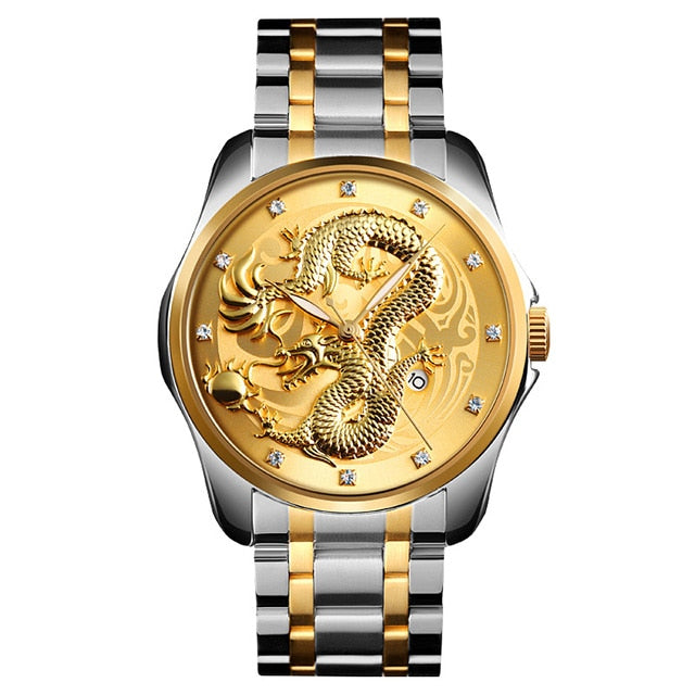 2020 SKMEI lujo dragón chino patrón hombres reloj de cuarzo dorado relojes masculinos relojes de pulsera impermeables Relogio Masculino 9193