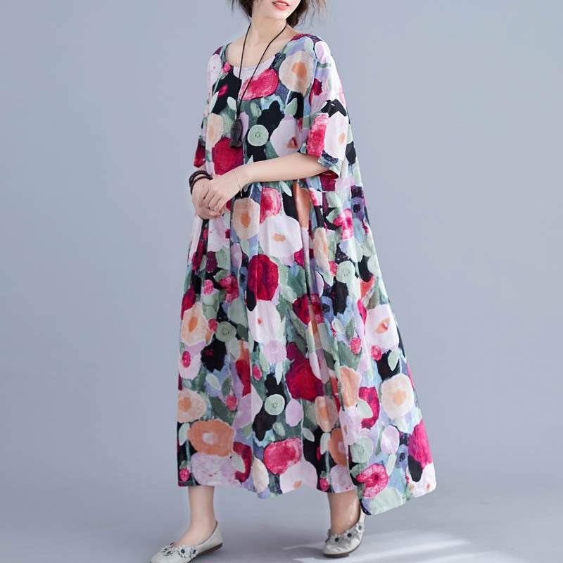 Vestido bohemio Floral de verano de gran tamaño para mujer, vestidos largos de algodón con lunares para mujer, vestido holgado grande para mujer, vestido de playa 2022
