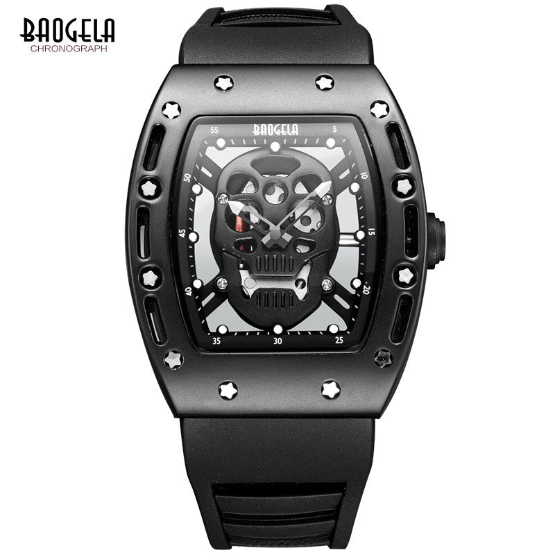 Baogela Fashion Mens Skeleton Skull Luminous Quartz Watches Military Style Black Silicone Rectangle Dial Wristwatch for Man1612