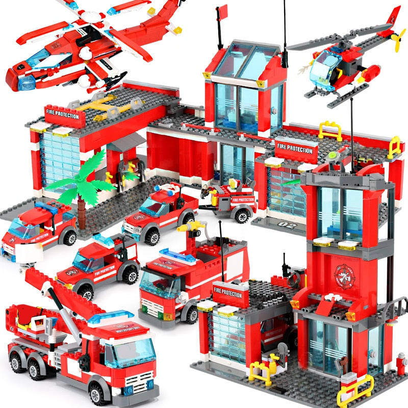 City Fire Station Building Blocks Mini Size Fire Engine Truck Blocks Firefighting Aircraft Helicopter Bricks Sets Toys For Kids