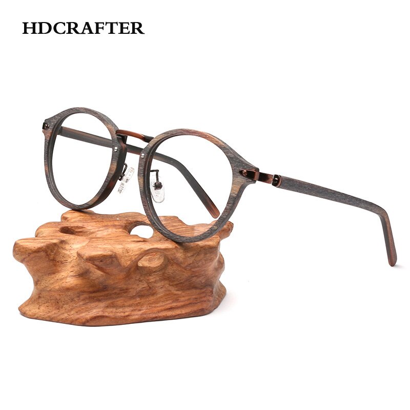 Marcos de anteojos recetados HDCRAFTER para hombres y mujeres Marco de anteojos ópticos de grano de madera redondo retro con lente transparente