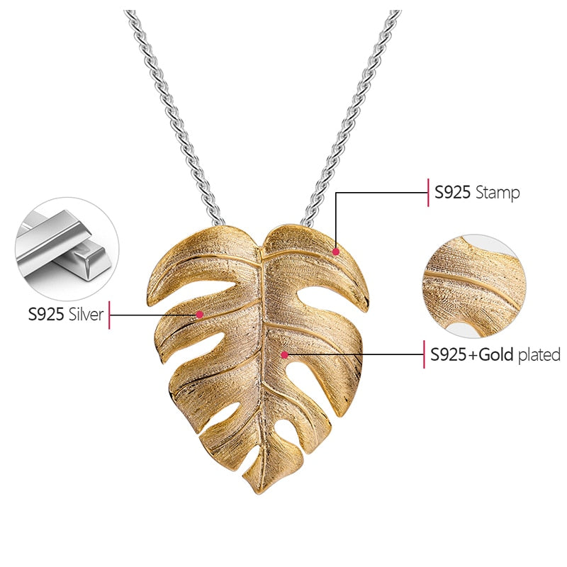 Lotus Fun Real 925 Sterling Silver Handmade Fine Jewelry 18K Gold Monstera Leaves Design Pendant without Necklace for Women Gift