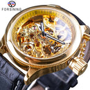 Forsining Waterproof Golden Black Skeleton Clock Two Button Decoration Mechanical Wrist Watches for Men Black Genuine Leather