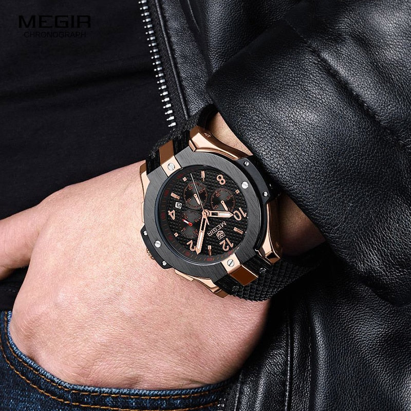 Relojes de pulsera de cuarzo con cronógrafo deportivo militar para hombre, cronómetro militar de silicona negra, reloj Masculino 2050G