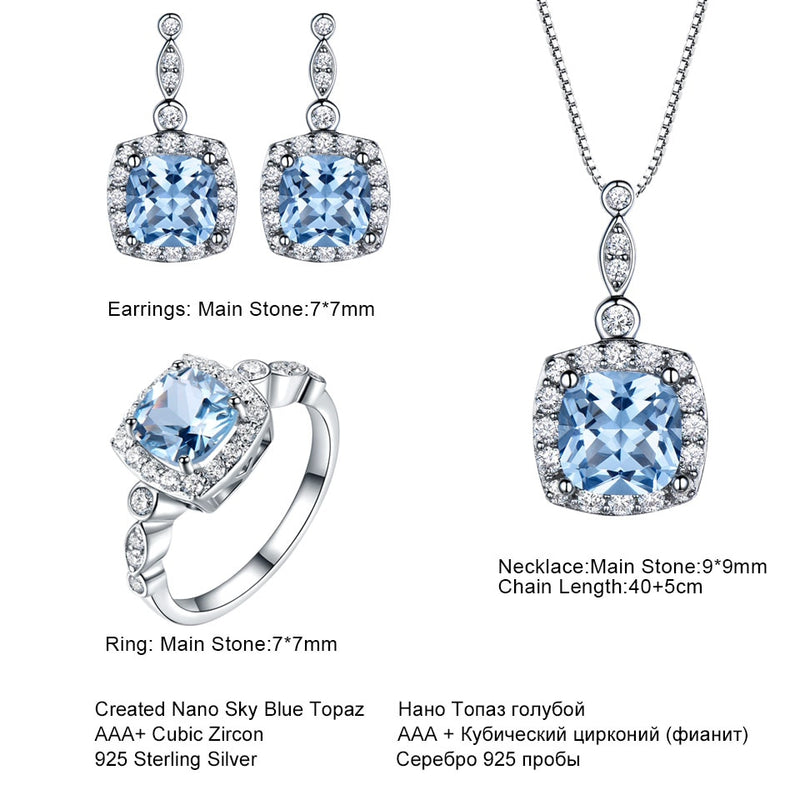 UMCHO 925 Sterling Silver Jewelry Set Sky Blue Topaz Ring Pendant Stud Earrings For Women Wedding Valentine's Gift Fine Jewelry