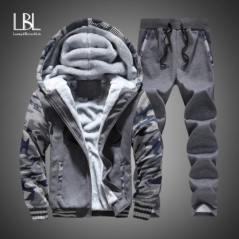 New Winter Tracksuits Men Set Thick Fleece Hoodies+Pants Suit Zipper Hooded Sweatshirt Sportswear Set Male Hoodie Sporting Suits