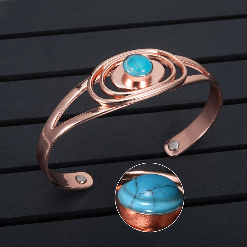 Pulsera magnética de cobre Vinterly, pulseras y brazaletes abiertos ajustables ovalados de piedra azul, pulseras y brazaletes de cobre para mujer