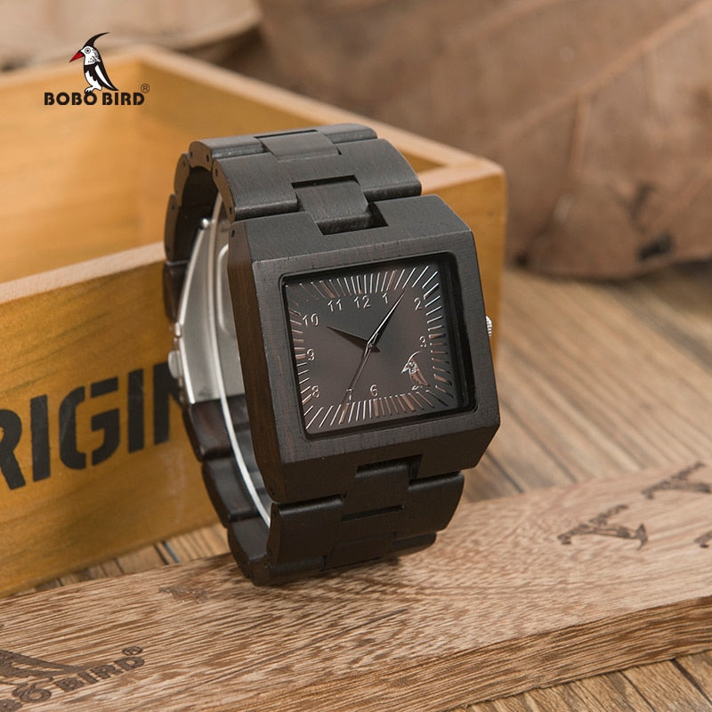 Relojes BOBO BIRD de madera de bambú para hombre, relojes de marca de lujo de diseño rectangular, reloj de banda de madera para hombre