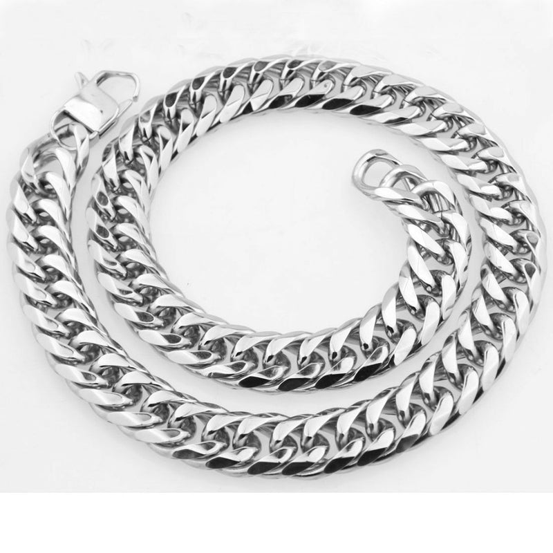 Custom Length 16/19/21mm Width Heavy Silver Color Cut Curb Cuban Chain 316L Stainless Steel Mens Necklace Or Bracelet 7&#39;&#39;-40&#39;&#39;