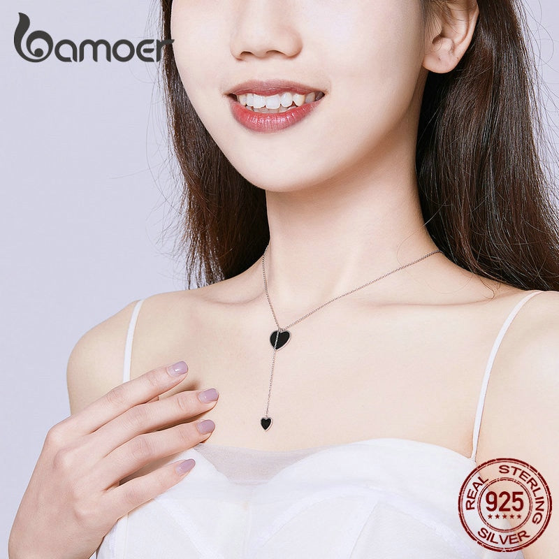 Bamoer 925 Sterling Silver Double Black Heart Pendant Necklace for Women Simple Black Enamel Y-shape Chain Necklace BSN095