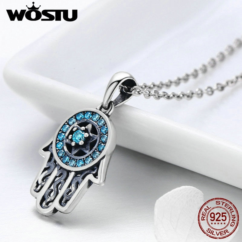 WOSTU Real 925 Sterling Silver Hand Of Fatima Hamsa Pendant Choker Necklace For Women Fashion bijoux Jewelry Gift CQN264