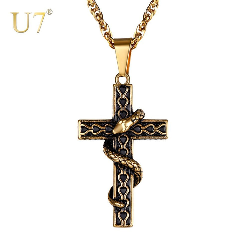 U7 Men 316L Stainless Steel Cross With Snake Pendant Necklaces Punk Gold-Color Animal Men's Chain Necklace Jewelry Gifts P1222