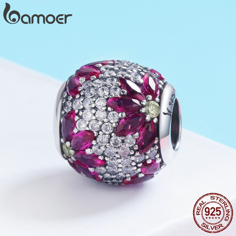 BAMOER Frühlingskollektion 925 Sterling Silber Ahornblätter Klare CZ-Perlen passen zu Charm-Armbändern und Halsketten DIY-Schmuck SCC570