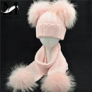 Winter Real Fur Scarf and Hat Set Kids Big Real Raccoon Fur Balls Hat Double Fur Pom Pom Beanies Children Girls Warm  Scarf Cap