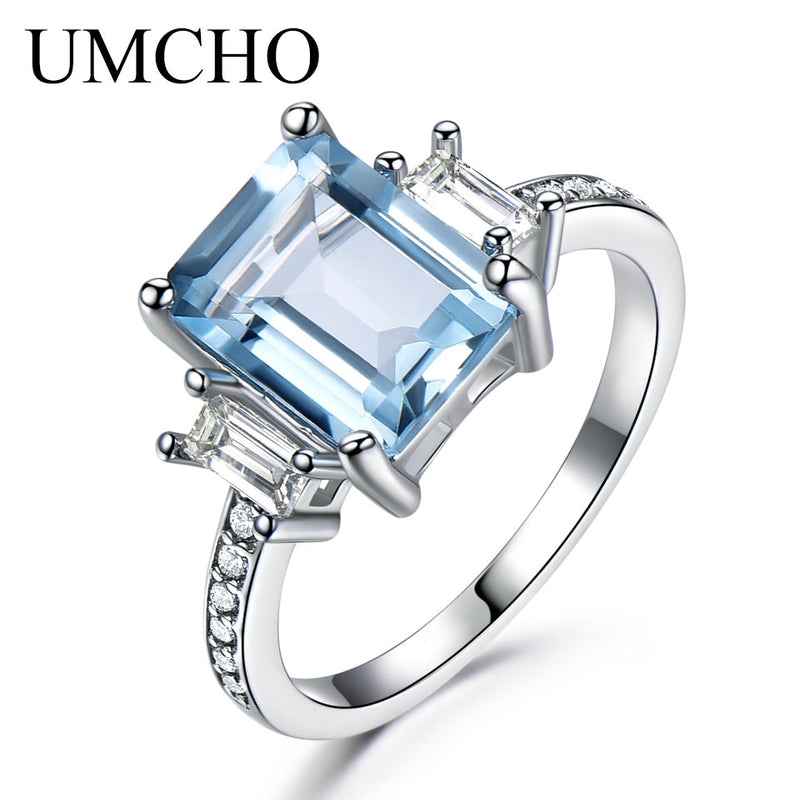 Anillos de piedras preciosas de topacio azul UMCHO para mujer, anillo de aguamarina de Plata de Ley 925 auténtica, joyería fina de compromiso de boda romántica