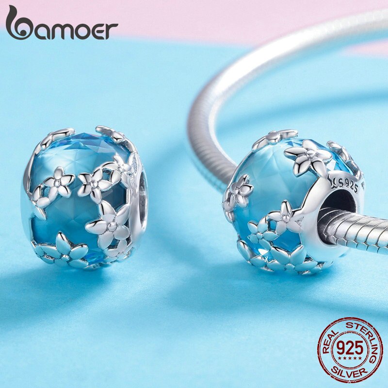 BAMOER 100% 925 Sterling Silver Daisies Daisy Flower Blue CZ Crystal Beads Charm fit Charm Bracelet DIY Jewelry Making SCC878