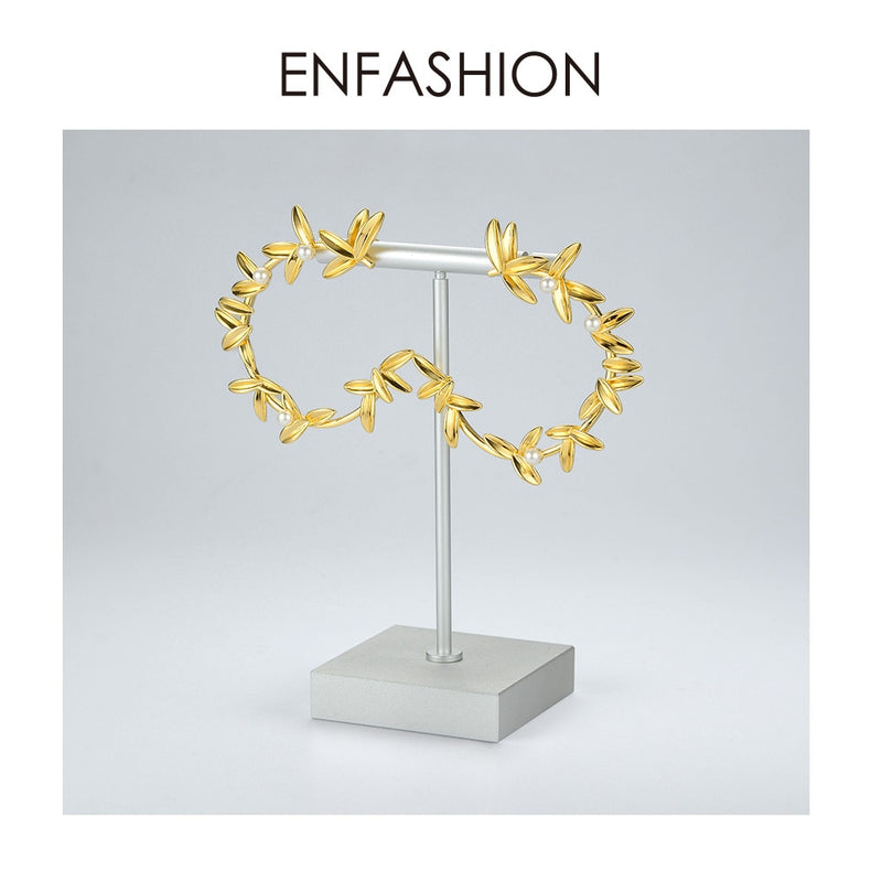 ENFASHION Olive Branch Leaf Hoop Earrings For Women Gold Color Statement Metal Flower Big Hoops Earings Fashion Jewelry EC191072