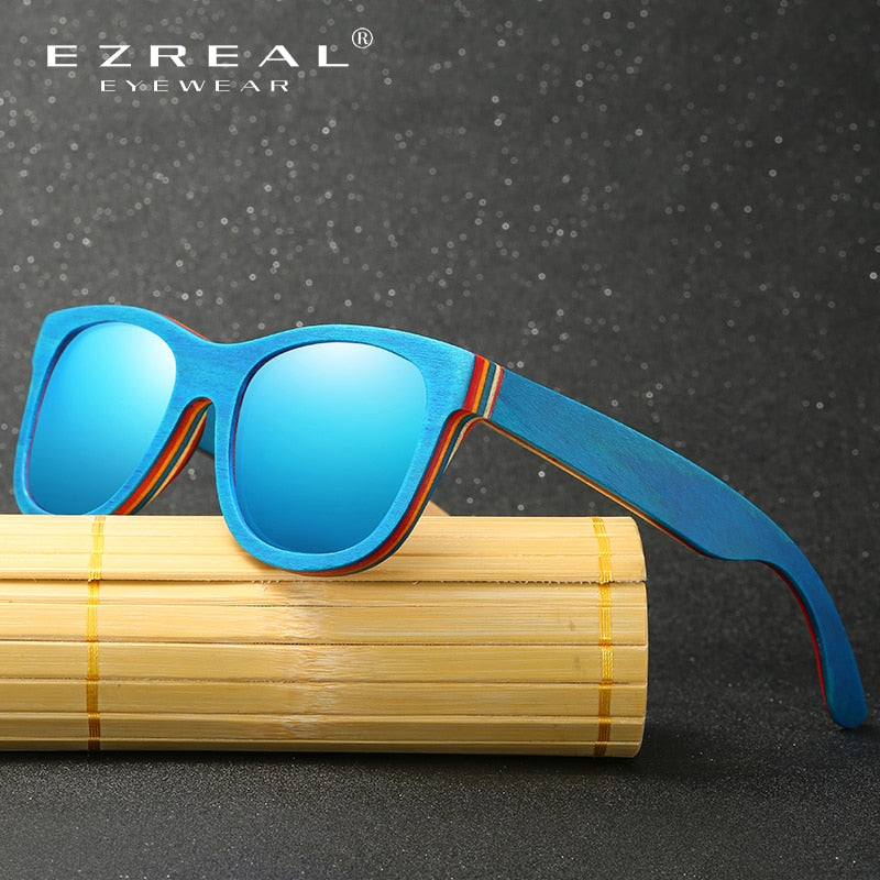 EZREAL Skateboard Wooden Sunglasses Blue Frame With Coating Mirrored Bamboo Sunglasses UV 400 Protection Lenses in Wooden Box