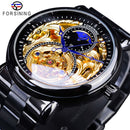 Forsining Automatic Mechanical Business Watch Mens Clock Golden Moon Phase Steel Strap Wrist Watches Top Brand Relogio Masculino