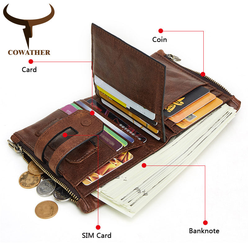 COWATHER 2021 Men Wallet Cow Genuine Leather Wallet New Arrival Cowhide Male Purse Big Capacity Short Men Purse Free Shipping