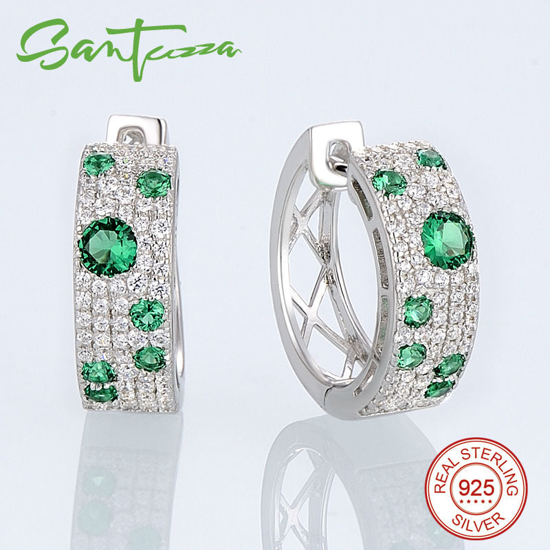 SANTUZZA Jewelry Set For Women Authentic 100% 925 Sterling Silver Shimmering Wish Green CZ Earrings Ring Set Fashion Jewelry