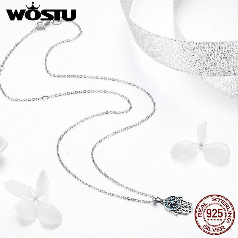 WOSTU Real 925 Sterling Silver Hand Of Fatima Hamsa Pendant Choker Necklace For Women Fashion bijoux Jewelry Gift CQN264