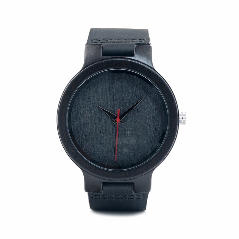 BOBO BIRD WC22 Ebony Wood Watch With Red Pointer Leather Band Japan Miyota 2035 Movement Quartz Watches For Men Women