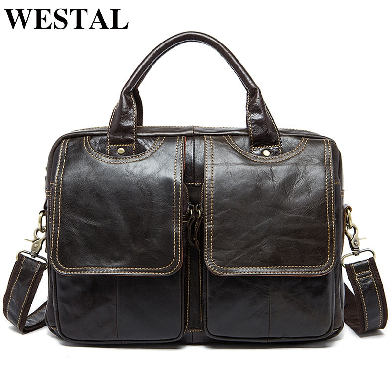 WESTAL Bag Men Leather Briefcases for 14&#39;&#39; Laptop Bag Business Men Bags for Document Computer Messenger Laptop Briefcases 8002