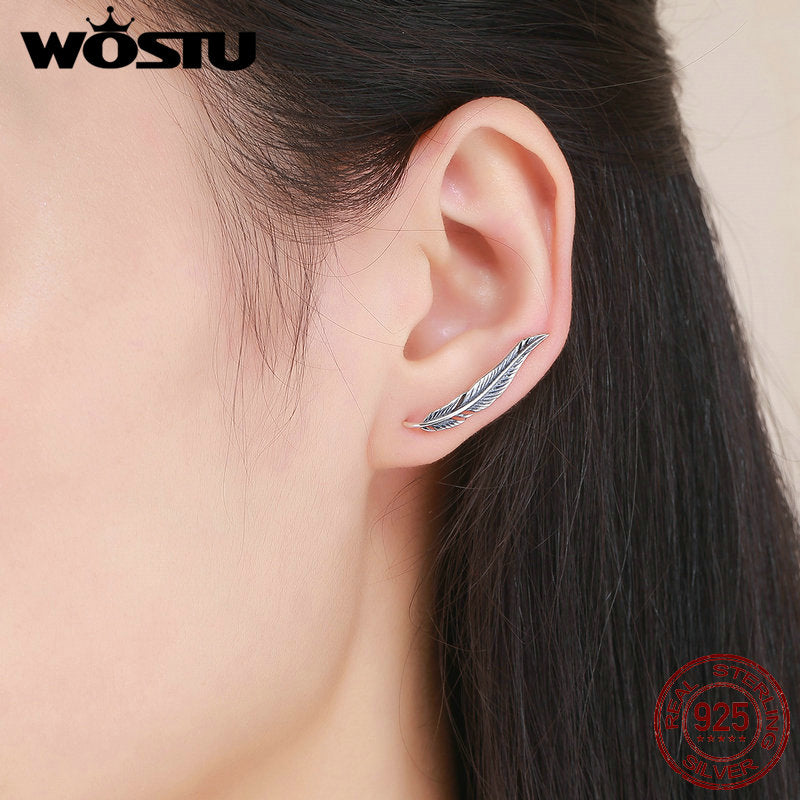 WOSTU Romantic 925 Sterling Silver Vintage Feathers Retro Wings Stud Earrings for Women Luxury Silver Jewelry Gift CQE258