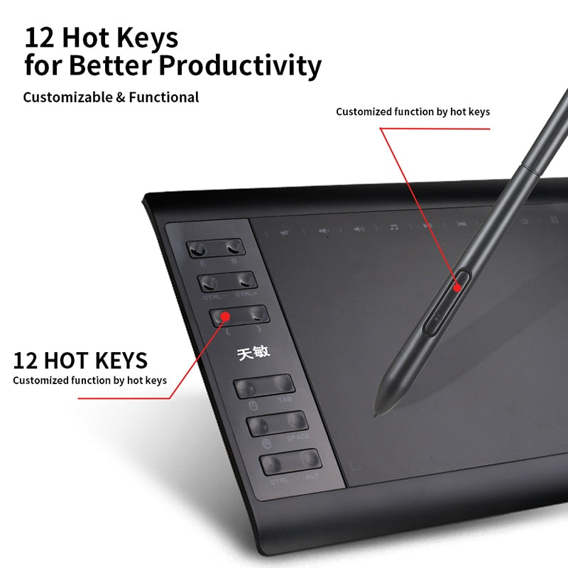 10moons 10 x 6 Zoll Grafiktablett 8192 Ebenen Digitales Tablet Kein Aufladen des Stifts erforderlich