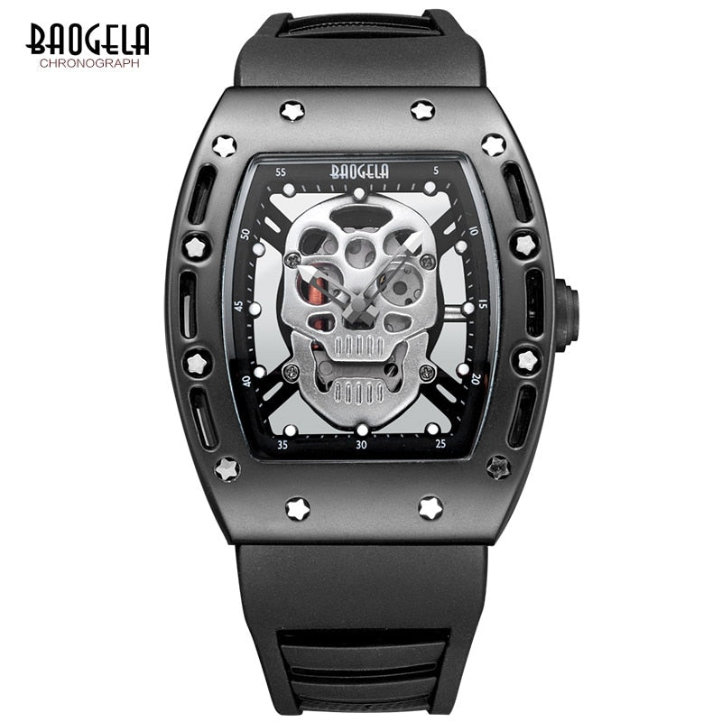 Baogela Fashion Mens Skeleton Skull Luminous Quartz Watches Military Style Black Silicone Rectangle Dial Armbanduhr für Man1612