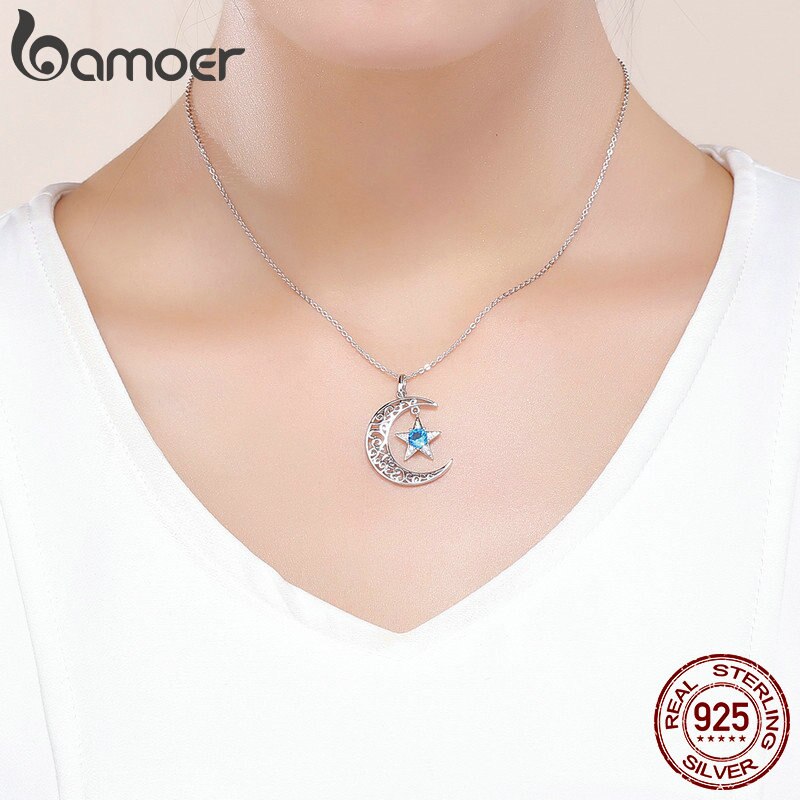 BAMOER Romantic 925 Sterling Silver Sparkling Moon And Star Necklaces Pendants for Women Fashion Necklace Jewelry Gift SCN278