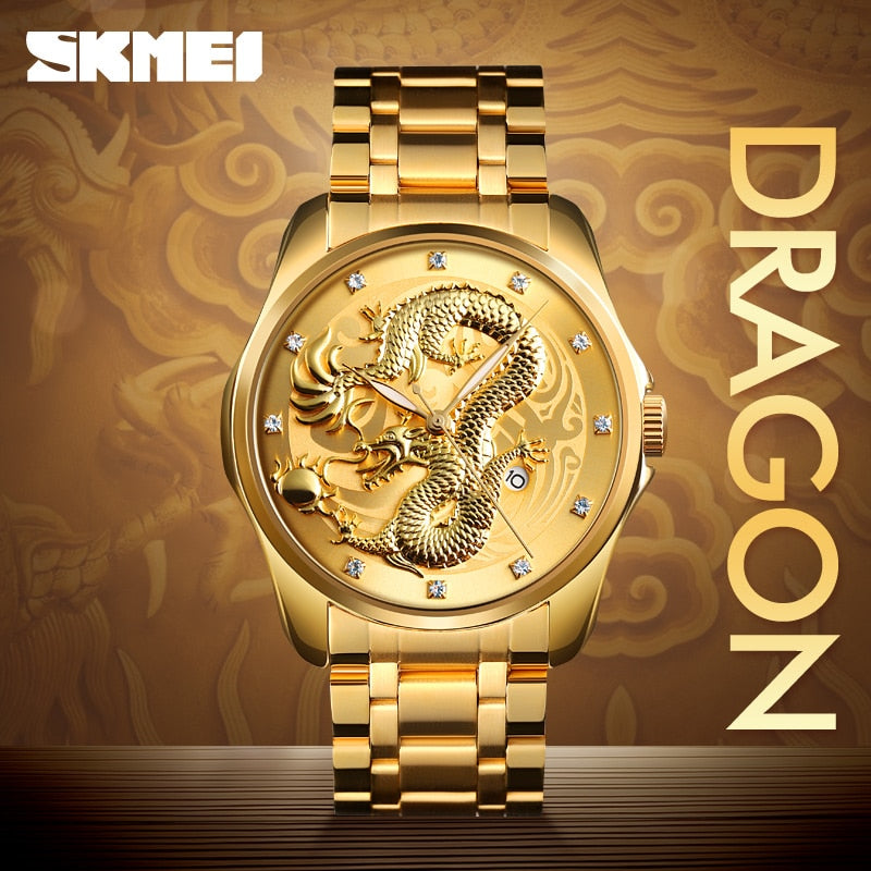 2020 SKMEI Luxury Chinese Dragon Pattern Men Golden Quartz Watch Male Watches Waterproof Wristwatches Relogio Masculino 9193