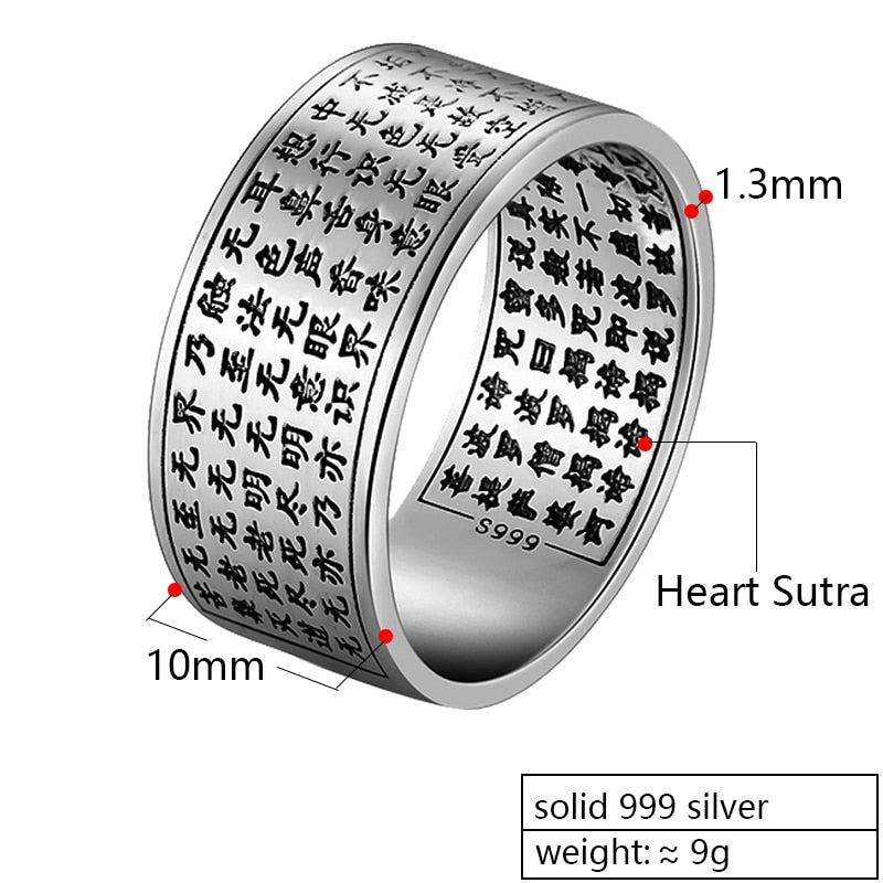 ZABRA Genuine Silver 999 Heart Sutra Ring For Men Big Wide Rings Buddha Chinese Letters Clear Engraved Vintage Male Jewelry
