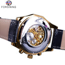 Forsining Waterproof Golden Black Skeleton Clock Two Button Decoration Mechanical Wrist Watches for Men Black Genuine Leather