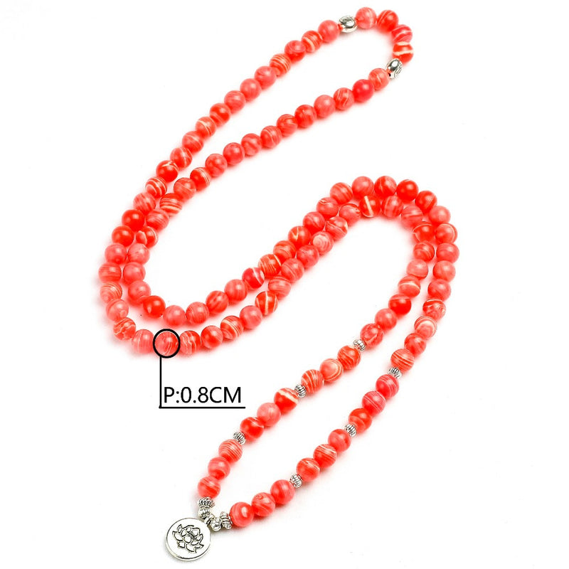 Rhodochrosite Stone Beads  Women Bracelet Yoga Lotus Tree Life Charm Wing Mala Necklace Jewelry Handmade Gift