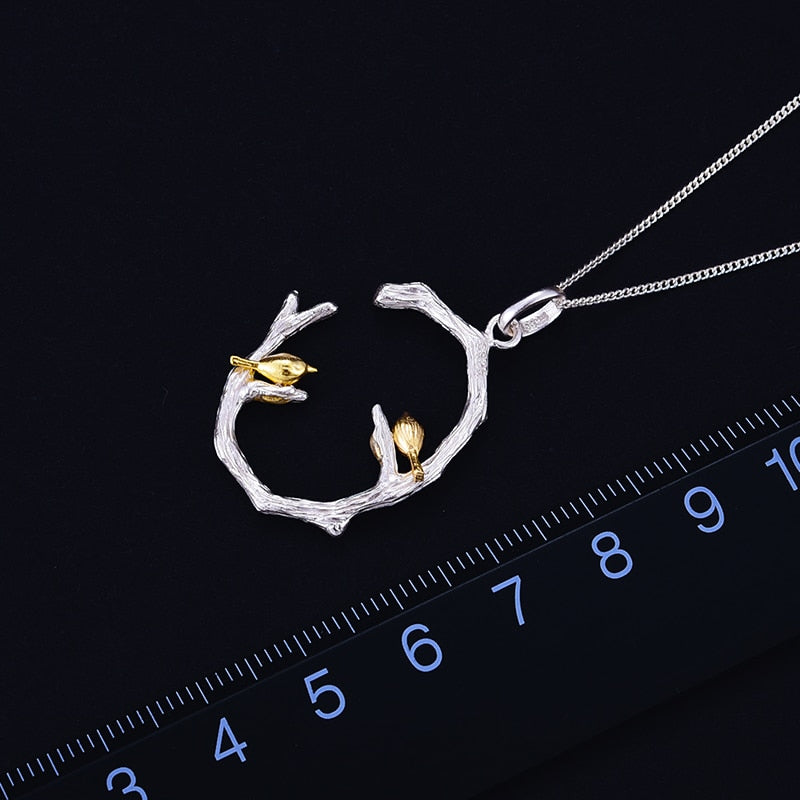 Lotus Fun Echt 925 Sterling Silber Natürlicher Original Feiner Schmuck 18 Karat Gold Vogel auf Ast Anhänger ohne Halskette für Frauen Geschenk