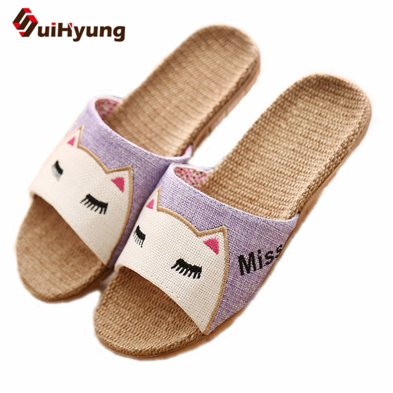 Suihyung Flachs Hausschuhe Frauen Sommer Strand Schuhe Nette Katze Flip Flops Atmungsaktive Rutschen Mädchen Indoor Leinen Hausschuhe Weibliche Sandalen